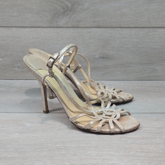 Jimmy Choo WomenElegant Strappy Heels in Shimmering Gold Sandals Shoes 37.5/7.5 - Picture 1 of 14